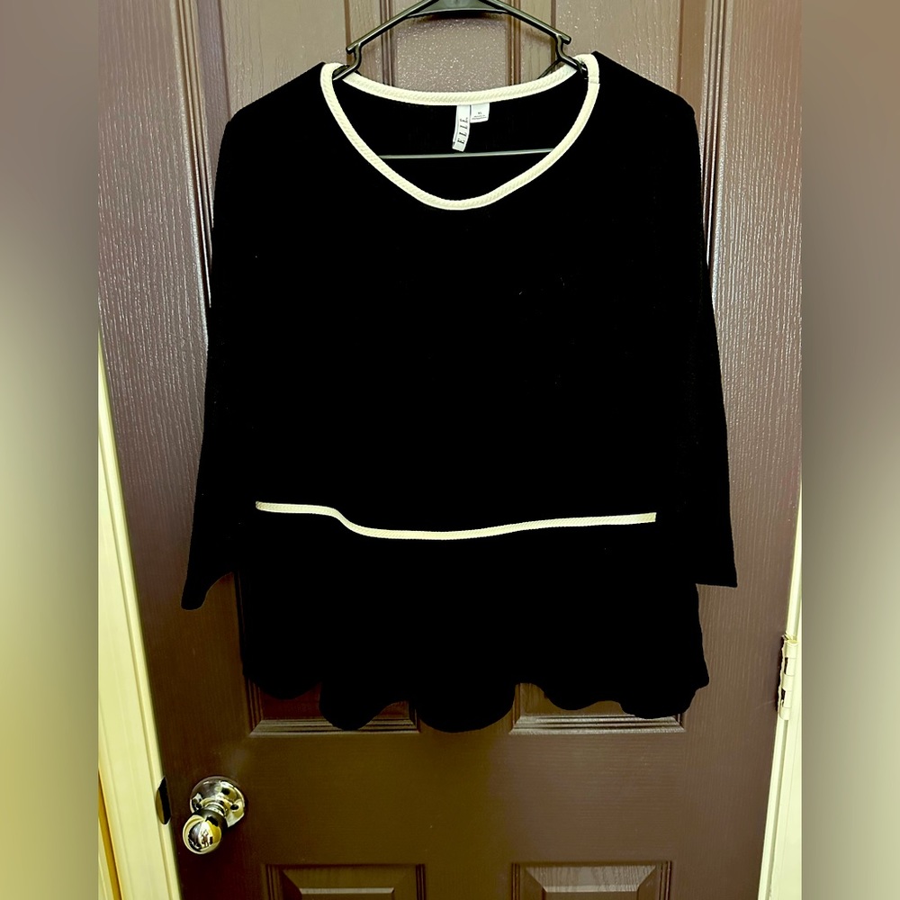Elle peplum blouse 3/4 sleeve black with cream trim size XL